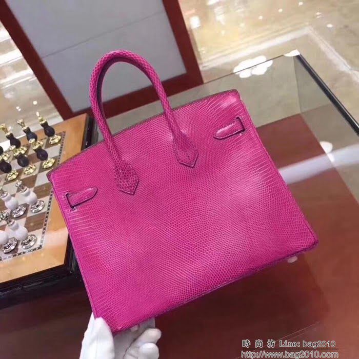 HERMES愛馬仕 鉑金包 Birkin 25cm 蜥蜴 Lizard leather 玫瑰紅 金扣 蠟線手縫 時尚手提包  Ama1149